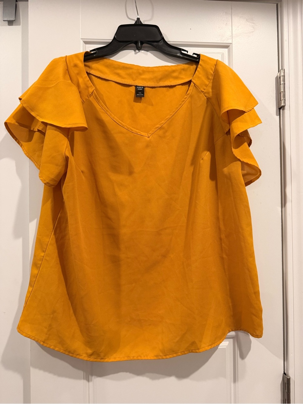 SHEIN Mustard Yellow V-Neck Ruffle Sleeve Blouse